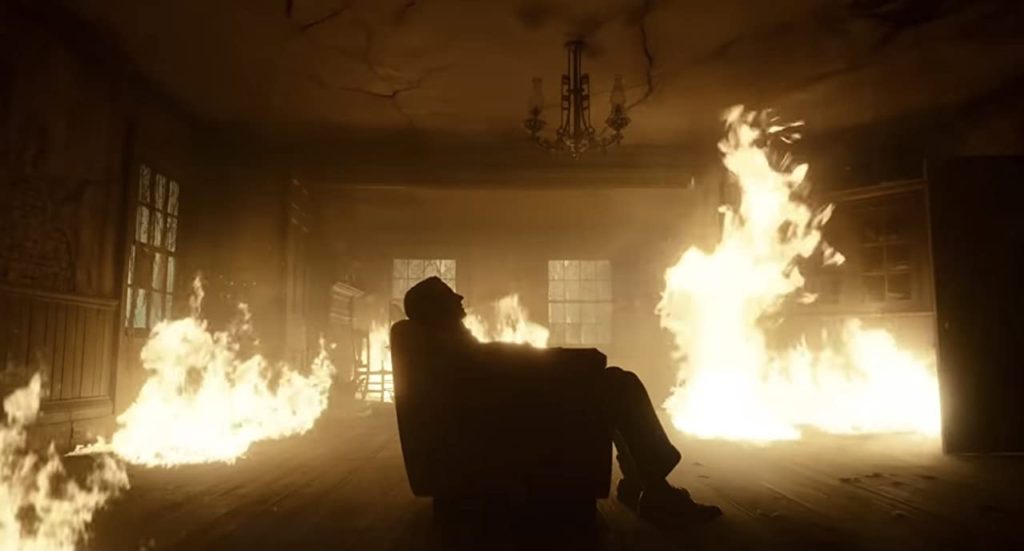 Man in a burning room. 
