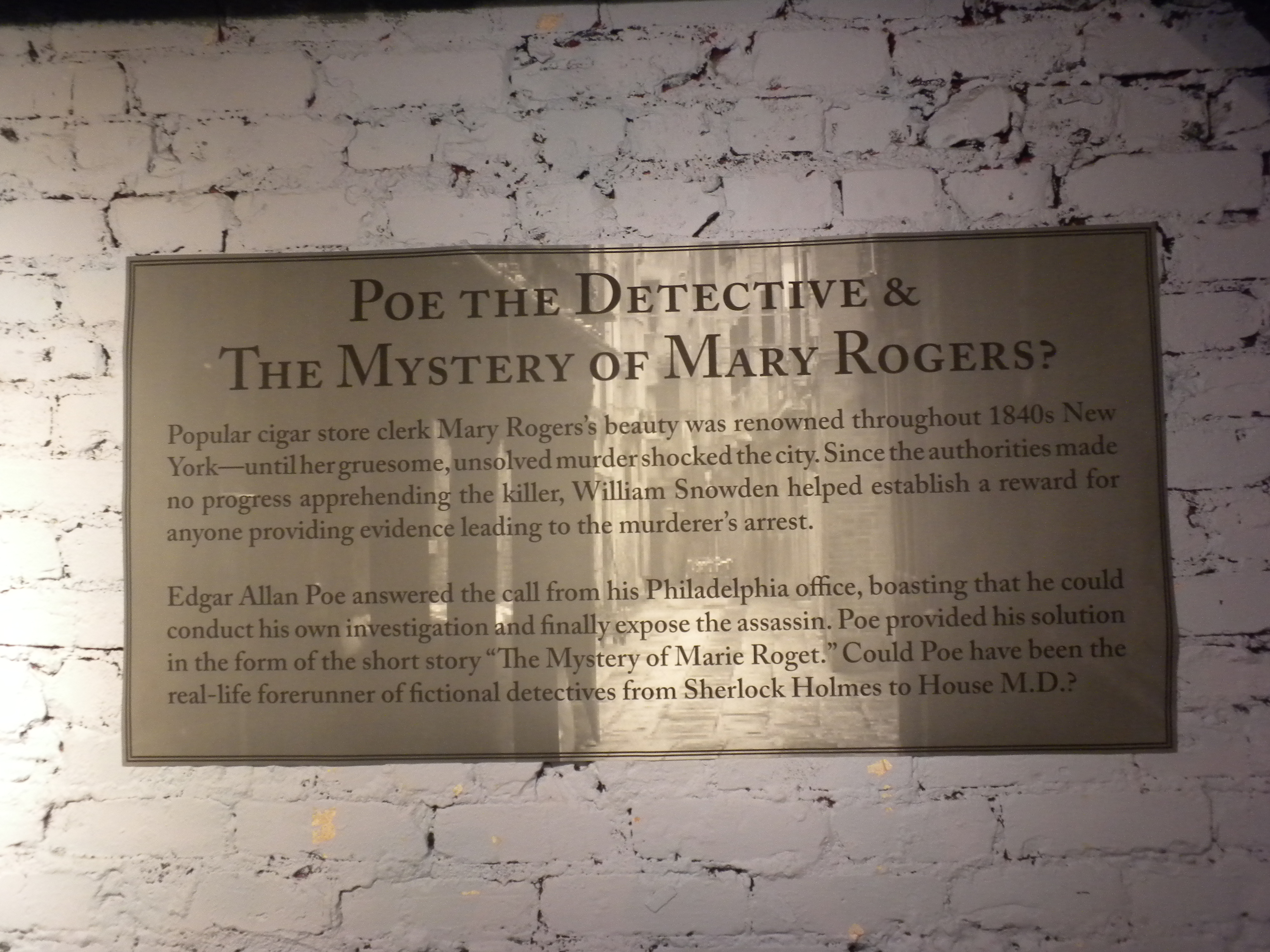 A plaque about the detective story of Mary Rogers by Poe. 
