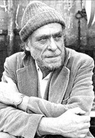Charles Bukowski image in black and white. .