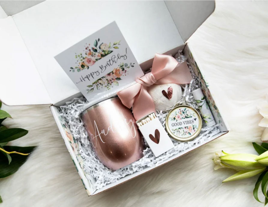 Self care gift box with personalized tumbler. 